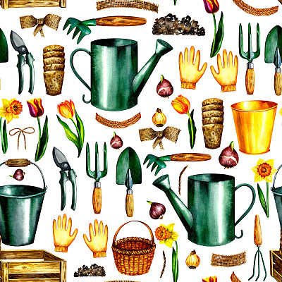 园艺。无缝模式。园丁的工具。水彩插图。用于园林设计包装、纺织品和标签