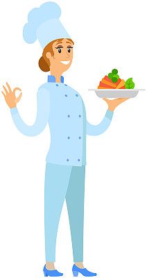 女厨师长为咖啡厅的健康食品主厨上菜。妇女端着盛有现成饭菜的盘子