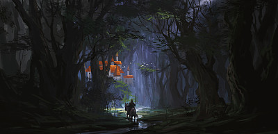 一个隐藏在丛林深处的神秘城堡，3D插画。
