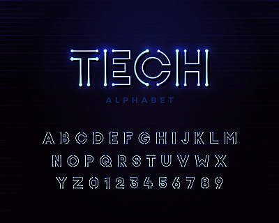 科技矢量字体，独特的led霓虹灯设计。技术，电路，工程，数字，游戏，科幻和科学科目。