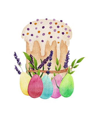水彩插图与复活节蛋糕装饰薰衣草，彩色的鸡蛋和绿叶，孤立在白色的背景。