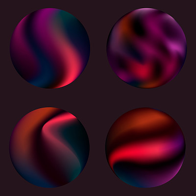一组圆形渐变。五彩缤纷的紫色的球体。现代抽象的背景纹理。设计模板。孤立的对象。向量