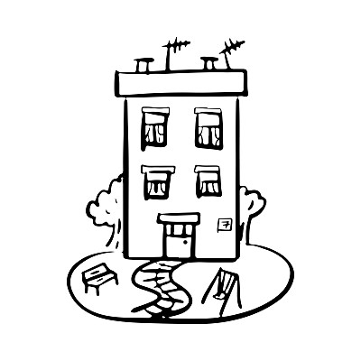 居住建筑图标。两层楼的房子。黑色轮廓线素描。前视图。矢量简单平面图形手绘插图。白色背景上的孤立物体。隔离。