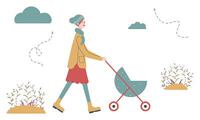 快乐的母亲在秋天散步，婴儿在婴儿车里。在公园里推着婴儿车的妇女