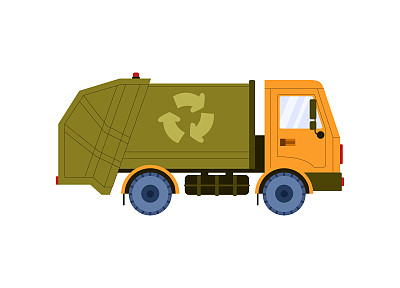 垃圾车与回收符号平坦矢量插图隔离。