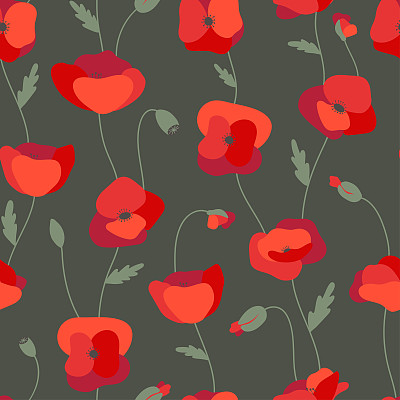 手绘罂粟无缝图案。棕色背景下的红色花朵和花蕾。用于纺织品、包装纸、礼品纸、织物的花卉印花设计。