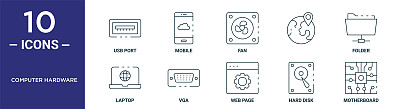计算机硬件轮廓图标集包括细线usb端口，风扇，文件夹，vga，硬盘，主板，笔记本电脑图标报告，演示，图表，网页设计