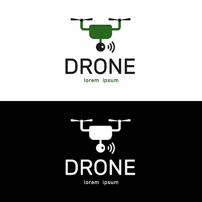 无人机标识为农业，平面设计标识模板，矢量插图。一套无人机标志孤立在白色和黑色的背景