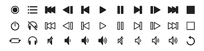 音乐和声音图标设置，音乐播放器控制图标设置，媒体播放器按钮，多媒体符号，音频界面，扬声器图标