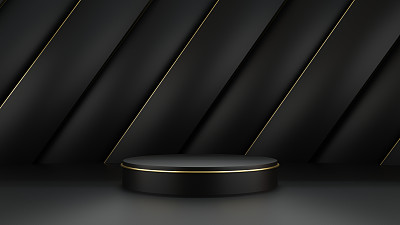 3d渲染黑色讲台与金色装饰和黑色墙壁的产品广告