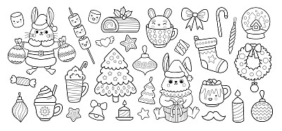 圣诞大纲兔卡通人物及元素填色书。可爱的兔子在圣诞老人的化装，圣诞精灵，树，冬青和节日装饰。矢量隔离涂鸦插图。