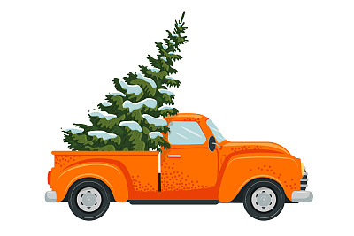 一辆黄色的卡车载着一棵圣诞树，那是一棵树枝被雪覆盖的云杉。矢量插图，平面，卡通风格，横幅，传单