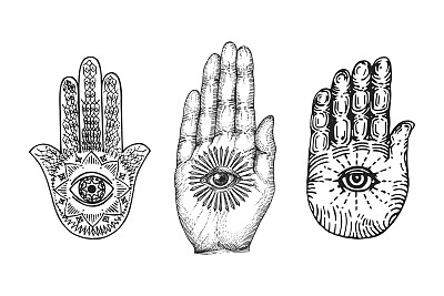 手掌上的Hamsa和上帝之眼，雕刻风格的矢量插图。魔法和神秘符号的经典拼贴。绘制神秘符号草图。