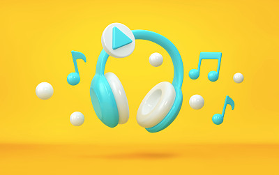 耳机和音符飞过黄色背景。音乐应用程序的概念