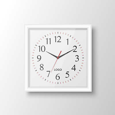 矢量三维现实方形白墙办公室时钟设计模板孤立在白色。挂钟模型的品牌和广告隔离。钟面设计