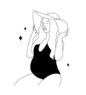 美丽的孕妇在黑色内衣。妈妈幸福的未来。母亲的概念。线条艺术风格的现代矢量插图