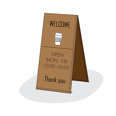 欢迎，开放时间，站立标牌板，背景。用于咖啡和面包店咖啡馆，餐厅的矢量插图
