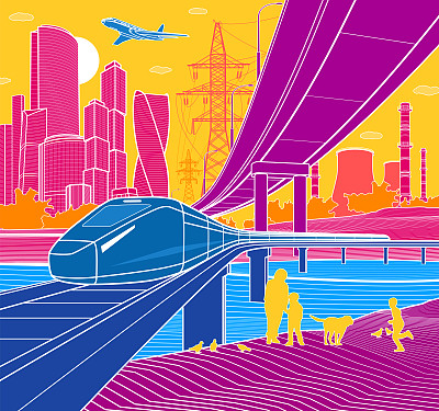 彩色基础设施城镇插图。火车在桥上行驶。汽车天桥。彩色背景的现代城市，高楼大厦，商业大厦。矢量设计艺术