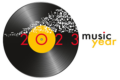 2023年以音乐为主题的贺卡，配有黑胶唱片和笔记。