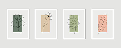 植物墙艺术向量集。抽象造型叶线艺术画。抽象植物艺术设计的印刷，封面，墙纸，简约和自然的墙壁艺术。矢量插图。