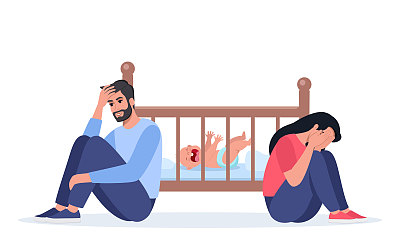 疲惫的父母抱着哭闹的婴儿床。悲伤的女人坐在地板上，哭着抱着她的膝盖。疲惫的父亲头痛。年轻的父母需要心理帮助。矢量插图。