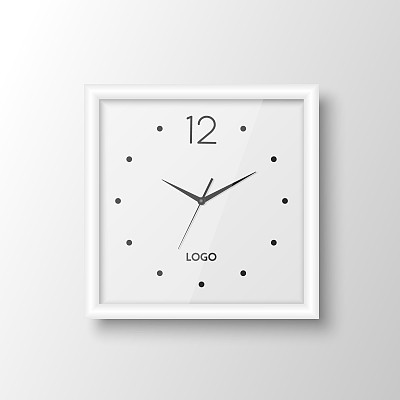 矢量三维现实方形白墙办公室时钟设计模板孤立在白色。用罗马数字拨号。挂钟模型的品牌和广告隔离。钟面设计