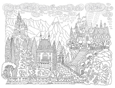 梦幻景观与童话城堡在山上，山峦和雨云。黑白涂色书页