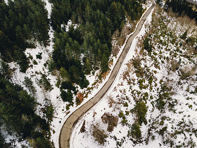 森林中道路的鸟瞰图，两侧有雪