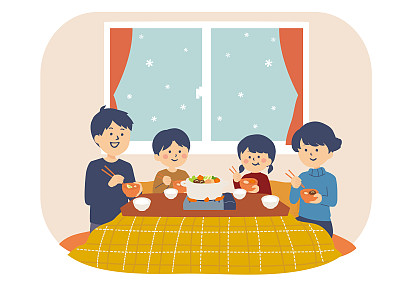 插图的家庭吃火锅与小烧