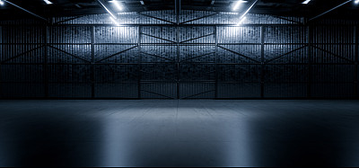 Grunge工作室展厅大空钢混凝土机库仓库谷仓巨大的空间黑夜Led灯现代车间汽车车库仓库3D渲染插图