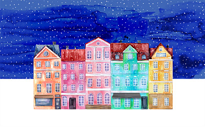 手绘水彩拼贴房屋，色彩鲜艳，冬夜的天空，雪花