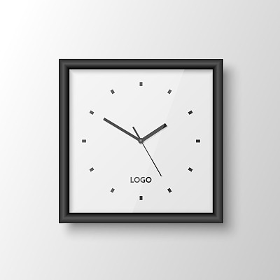 矢量三维现实方形墙办公室时钟与黑色框架，设计模板隔离在白色。用罗马数字拨号。挂钟模型的品牌和广告隔离。钟面设计