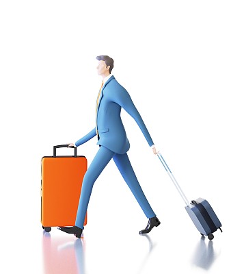 成功的商人带着行李箱，行李走在机场，3D渲染插图