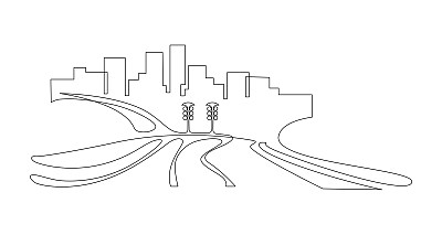 以高速公路为背景的城市空间。连续的线条画。矢量插图。