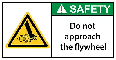请注意不要把手放在飞轮附近。安全标志。