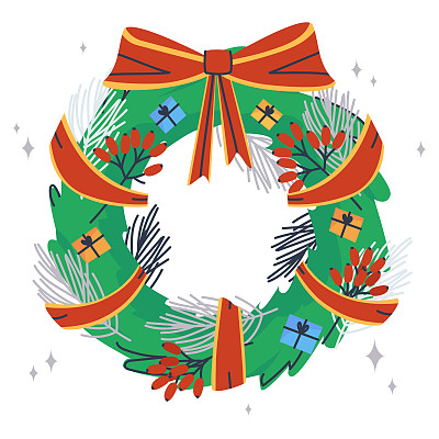 圣诞节的装饰——花环。冷杉树枝呈圆形，用红黄丝带系好。用树枝、礼品盒和红色浆果装饰。