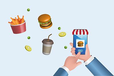 商人用外卖app在智能手机上点快餐。移动应用服务自带外卖app，智能技术。3 d现实的向量。