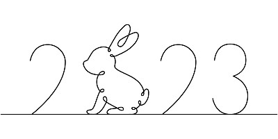 2023年兔年。兔子一条线连续绘图。野兔连续一行插图。中国农历2023年。矢量插图。