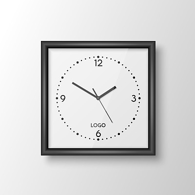 矢量三维现实方形墙办公室时钟与黑色框架，设计模板隔离在白色。用罗马数字拨号。挂钟模型的品牌和广告隔离。钟面设计