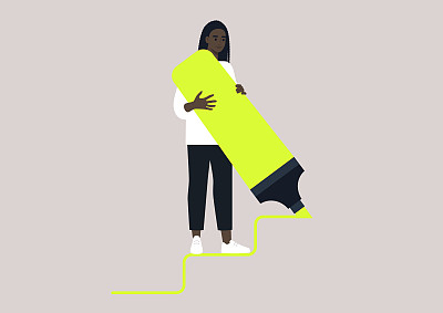 年轻的非洲女性角色用巨大的霓虹黄色高光笔画楼梯台阶，野心和野心家