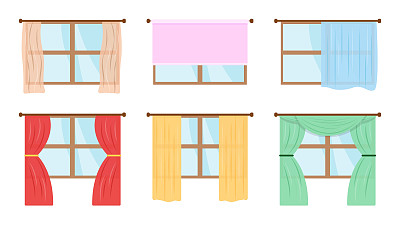一套卡通风格的彩色窗帘。矢量插图的各种窗帘的窗户家庭内部在白色的背景。