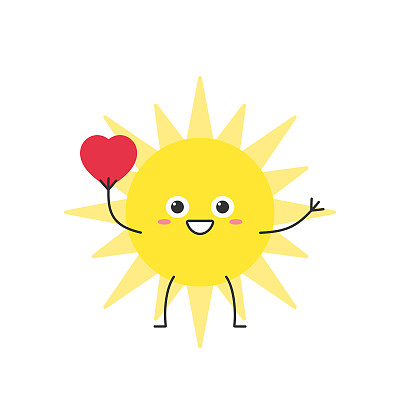 太阳可爱的人物卡通爱的心问候微笑的脸符号夏天温暖炎热的天气阳光欢快卡哇伊快乐快乐的情绪图标矢量插图。