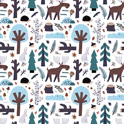 冬季森林无缝图案。下雪的不同的树，冰冻的浆果，蓝色的树枝和球果，麋鹿和雪花。手绘新年和圣诞纺织品，包装纸，墙纸苗圃，矢量