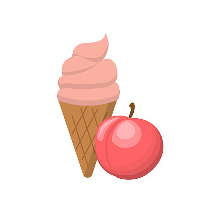 桃子冰淇淋与蛋筒的卡通漫画向量