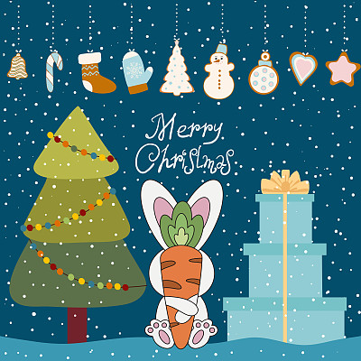 2023年兔年。可爱的圣诞兔子在圣诞树上和礼物。矢量图