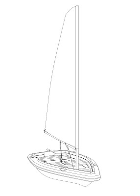 一艘小船的轮廓与帆由孤立在白色背景上的黑线制成。前视图。3 d。矢量插图。