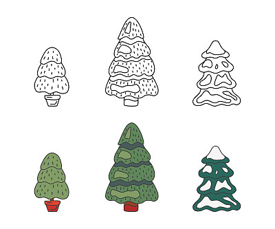 圣诞松树套装，涂鸦风格。草图为杉树上色和绿树上色。矢量图