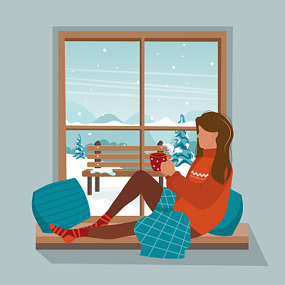 舒适的冬天插画可爱的女孩坐在窗台上的杯子，小针织毯子。俯瞰村庄的窗户。舒适的生活方式。平面风格手绘矢量。窗边的女孩