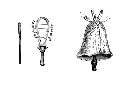 古埃及乐器:sistrum或kemkem和钟。它由一个带金属棒的金属框架组成，当摇晃时，金属棒就会发出嘎嘎的声音