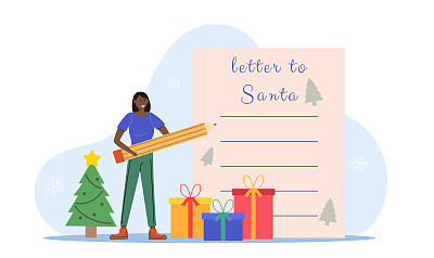 给圣诞老人的信的概念。女人用铅笔给圣诞老人写信。礼物和新年树。新年快乐的概念。矢量图